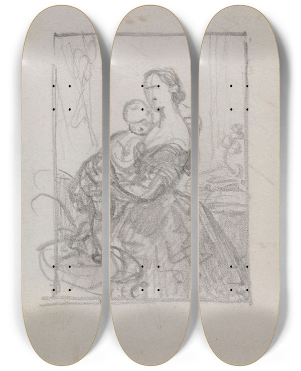 Triptych art skateboard deck of Nicaise De Keyser Portrait Of A Woman And A Child_3 by Nicaise De Keyser (1813-1887)