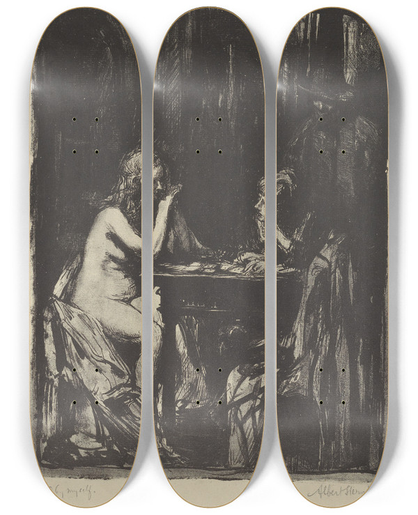 Triptych art skateboard deck of Albert Sterner The Stranger by Albert Sterner (1863-1946)