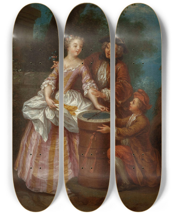 Triptych art skateboard deck of Jeanbaptiste Lebel La Loterie by Jean-Baptiste Lebel (1700-1749)