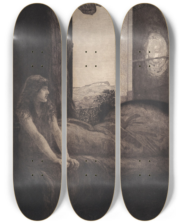 Triptych art skateboard deck of Max Klinger Awakening Erwachen by Max Klinger (1857-1920)
