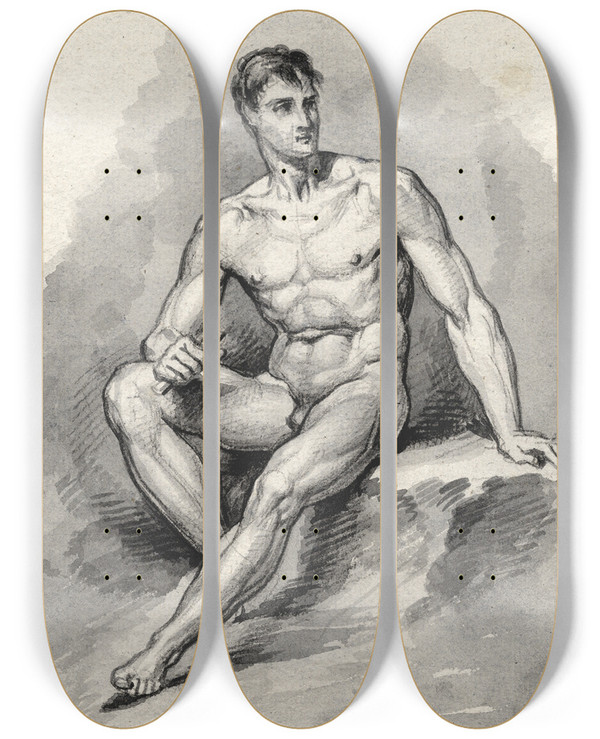 Triptych art skateboard deck of David Humbert De Superville Zittend Mannelijk Naakt_3 by David Humbert De Superville (1770-1849)