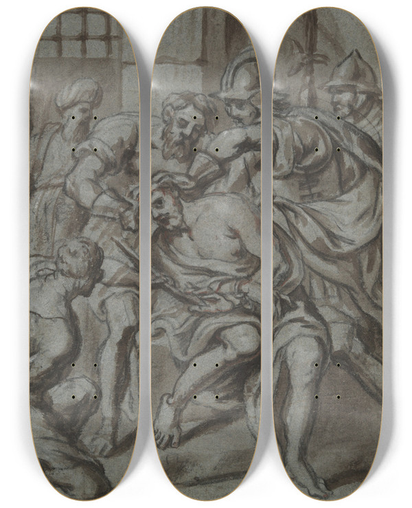 Triptych art skateboard deck of Peter Van Lint Scourging Ofchrist by Peter Van Lint (1609-1690)