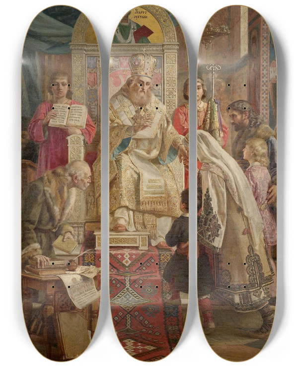 Triptych art skateboard deck of Uro Predi Saint Sava Blesses Srpad by Uros Predic (1857-1953)