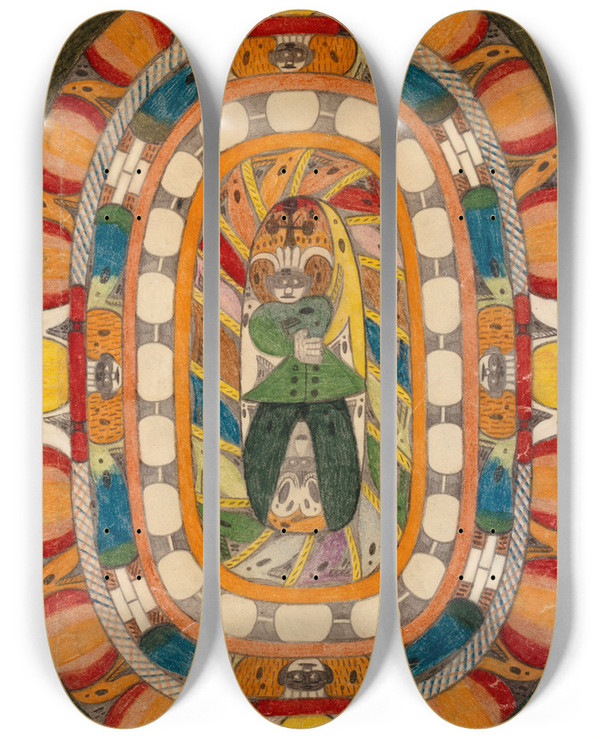 Triptych art skateboard deck of Adolf Wlfli Der Bandaisan Vulkahn Und Riesengletscher In Japan by Adolf Wolfli (1864-1930)