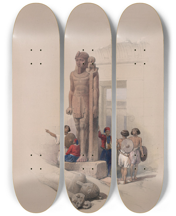 Triptych art skateboard deck of David Roberts Colossus In Front Of Temple Of Wady Saboua Wadi Alsabua Nubia by David Roberts (1796-1864)