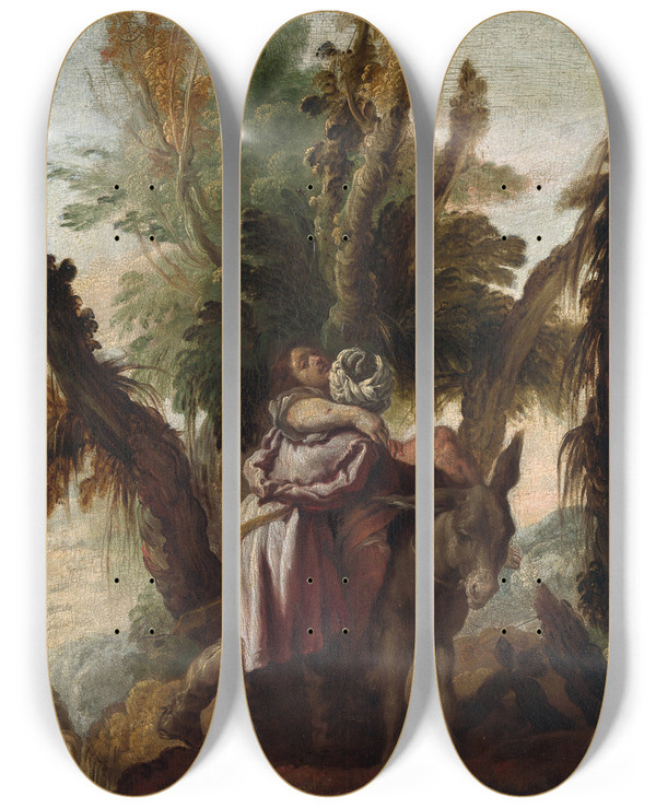Triptych art skateboard deck of Domenico Fetti The Good Samaritan by Domenico Fetti (1589-1623)