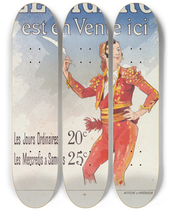 Triptych art skateboard deck of Jules Chret Reclamebiljet Voor Le Figaro by Jules Cheret (1836-1932)