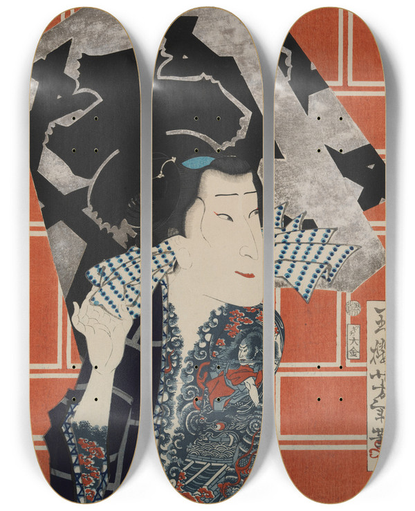 Triptych art skateboard deck of Tsukioka Yoshitoshi The Actor Sawamura Tanosuke Iii For A Fire Troupe by Tsukioka Yoshitoshi (1839-1892)