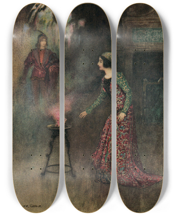 Triptych art skateboard deck of Warwick Goble The Prince Appearing To Nella by Warwick Goble (1862-1943)