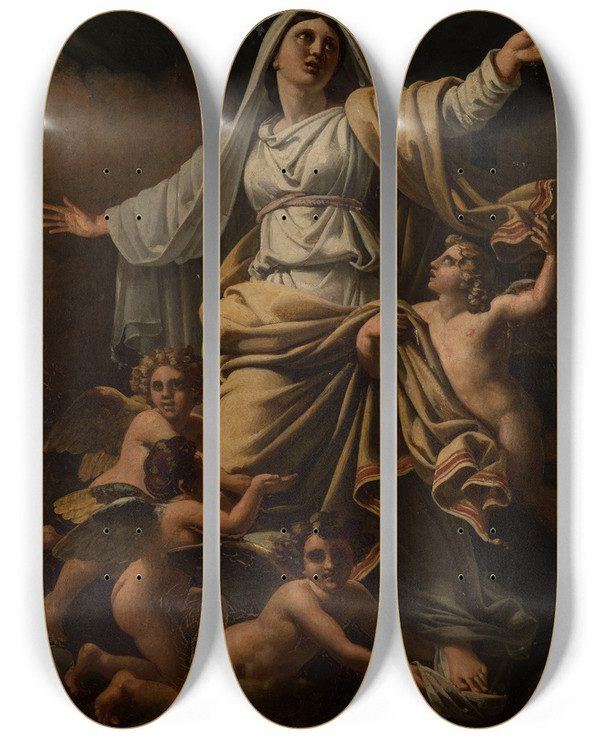 Triptych art skateboard deck of Alexandrecharles Guillemot Lassomption De La Vierge by Alexandre Charles Guillemot (1786-1831)