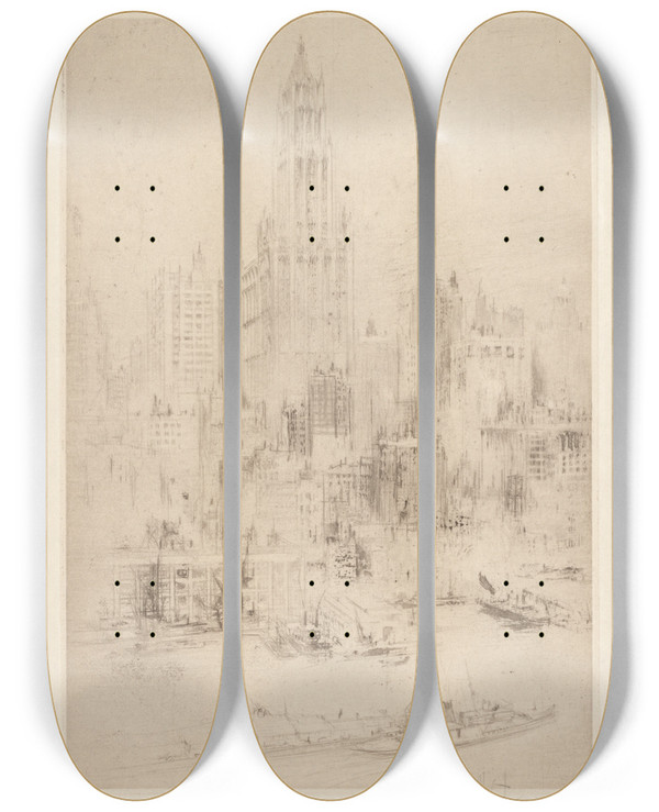 Triptych art skateboard deck of William Walcot Downtown Manhattan From The East River With The Woolworth Building by William Walcot (1874-1943)