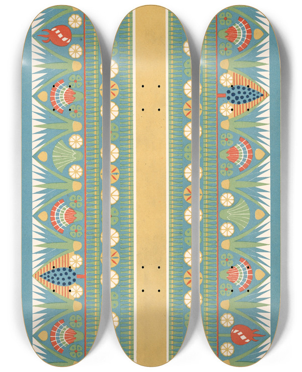 Triptych art skateboard deck of Gustave Jquier 63 Frise De Plafond Du Tombeau De Nesipanoferher N 68 by Gustave Jequier (1868-1946)