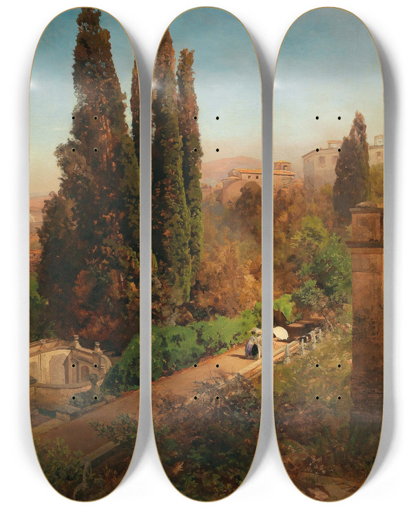 Triptych art skateboard deck of Oswald Achenbach A View Of The Garden Of Villa Deste In Tivoli Near Rome by Oswald Achenbach (1827-1905)