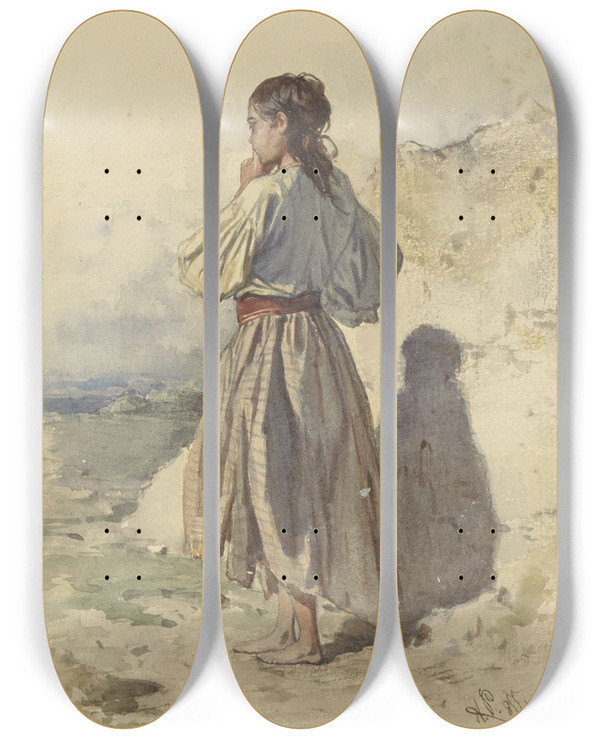 Triptych art skateboard deck of August Von Pettenkofen Hongaarse Vrouw Staande Driekwart Naar Links Op De Rug Gezien by August Von Pettenkofen (1822-1889)