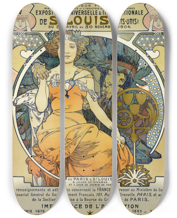 Triptych art skateboard deck of Alphonse Mucha Exposition Universelles Et Internationale De St Louis Etats Unis Du 30 Avril Au 30 Novembre by Alphonse Mucha (1860-1939)