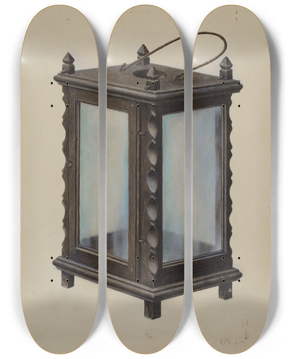 Triptych art skateboard deck of Samuel W Ford Candle Lantern by Samuel W Ford