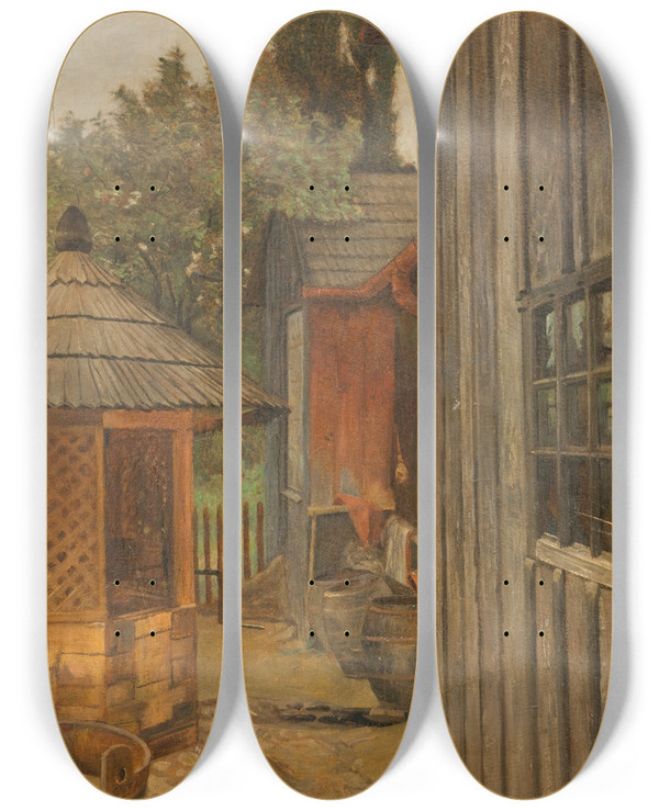 Triptych art skateboard deck of Jacek Malczewski Courtyard by Jacek Malczewski (1854-1929)