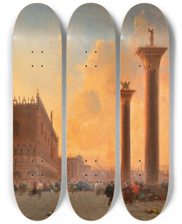 Triptych art skateboard deck of Henri Duvieux Venice St Marks Square by Henri Duvieux (1855-1882)