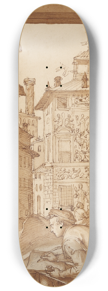 Federico Zuccaro - Taddeo Drawing after the Antique; In the Background Copying a Facade by Polidoro 8.25 inch art skate deck