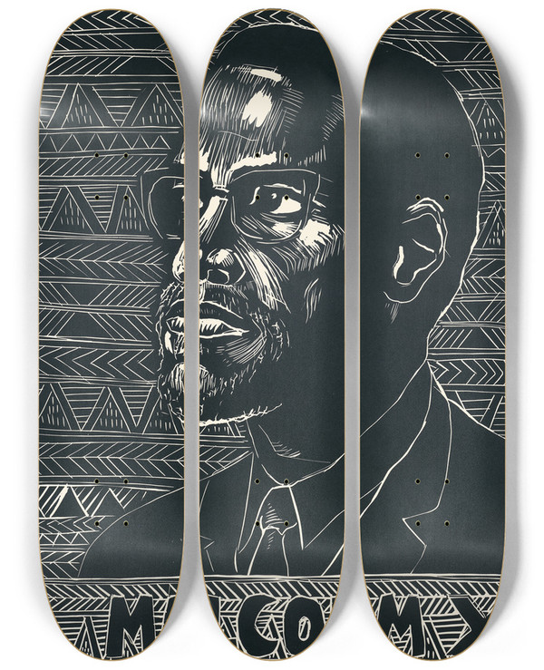 Triptych art skateboard deck of Rachael Romero Malcolm X by Rachael Romero (1953)