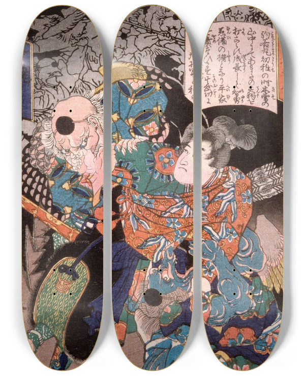 Triptych art skateboard deck of Tsukioka Yoshitoshi Kiso Komawakamaru Yoshinaka Conquering The Tengu by Tsukioka Yoshitoshi (1839-1892)