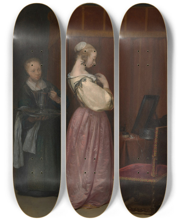 Triptych art skateboard deck of Gerard Ter Borch A Young Woman At Her Toilet With A Maid by Gerard Ter Borch (1617-1681)