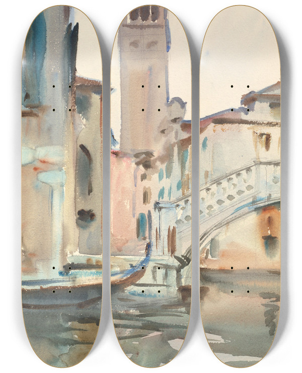Triptych art skateboard deck of John Singer Sargent A Bridge And Campanile Venice by John Singer Sargent (1856-1925)