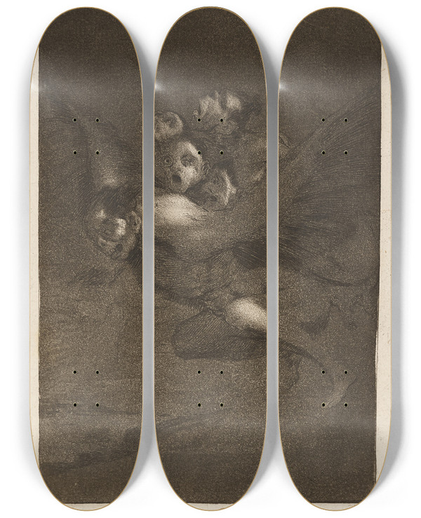 Triptych art skateboard deck of Francisco De Goya Buen Viage Bon Voyage by Francisco de Goya (1746-1828)