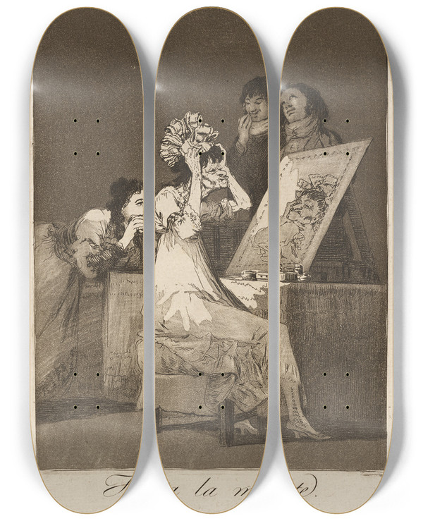 Triptych art skateboard deck of Francisco De Goya Hasta La Muerte Until Death by Francisco de Goya (1746-1828)