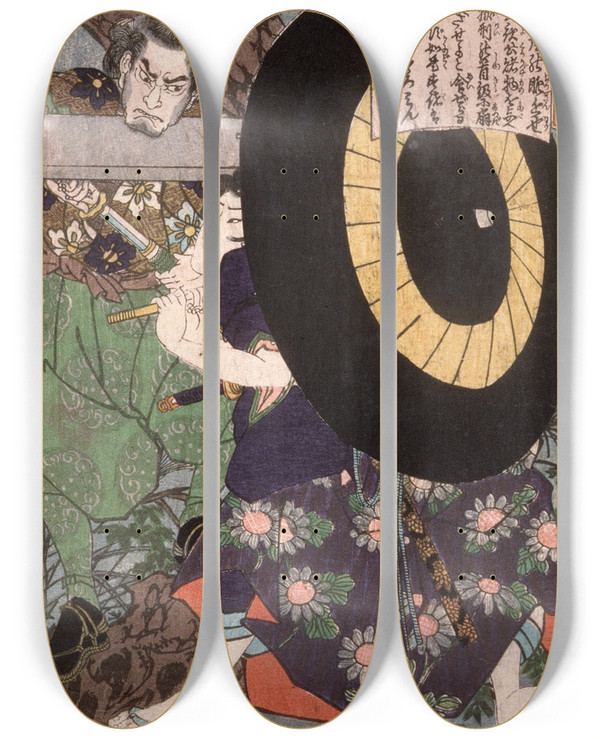 Triptych art skateboard deck of Tsukioka Yoshitoshi Nikki Bennosuke With Umbrella by Tsukioka Yoshitoshi (1839-1892)
