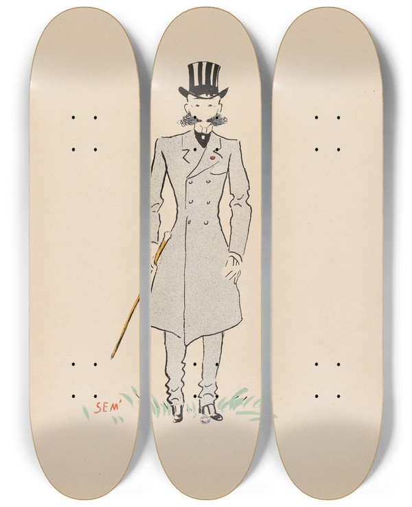 Triptych art skateboard deck of Georges Goursat Sem Le Prince Jean Troubetzkoy by Georges Goursat (Sem) (1863-1934)