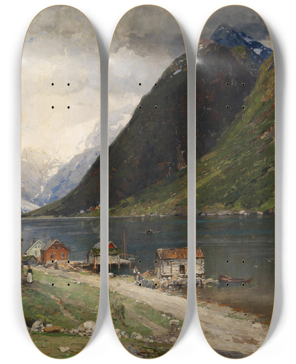 Triptych art skateboard deck of Georg Anton Rasmussen Fjordlandschaft by Georg Anton Rasmussen (1842-1914)