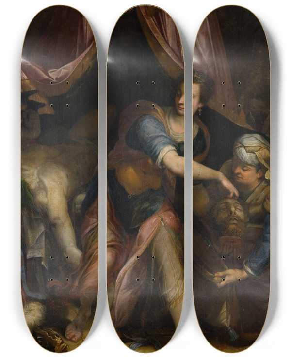 Triptych art skateboard deck of Denys Calvaert Judith With The Head Of Holofernes by Denys Calvaert (1540-1619)