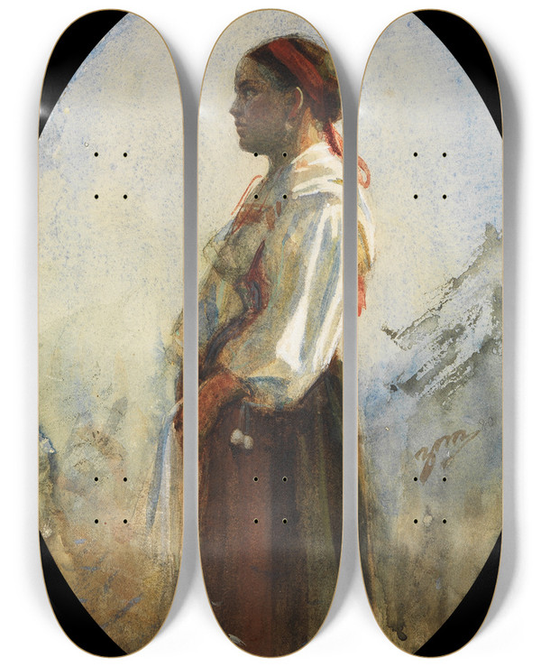 Triptych art skateboard deck of Anders Zorn A Young Farm Girl by Anders Zorn (1860-1920)