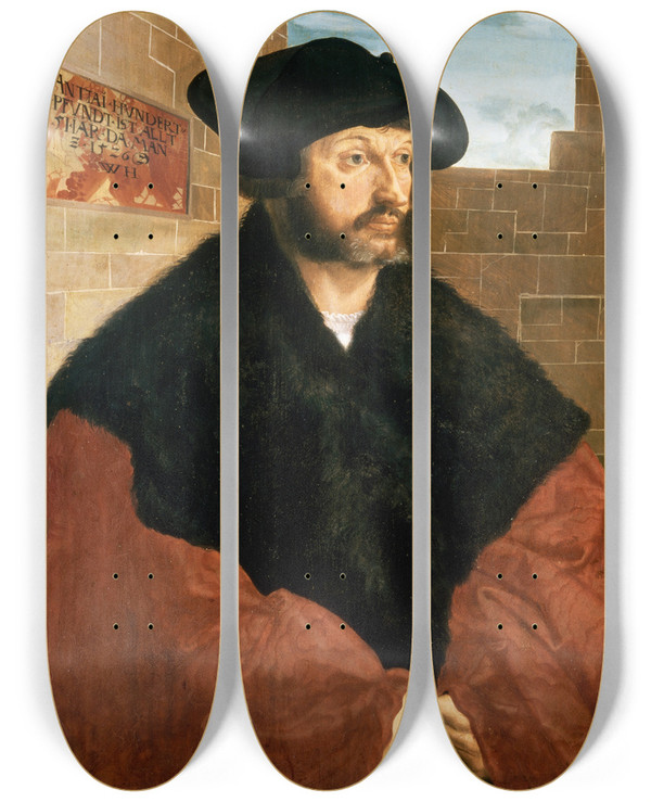 Triptych art skateboard deck of Wolfgang Huber Portrait Of Anton Hundertpfundt by Wolfgang Huber (1485-1553)