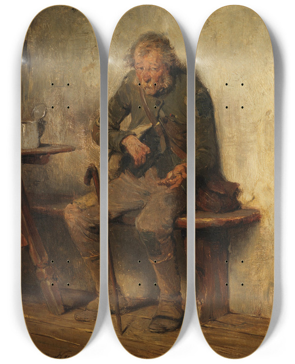 Triptych art skateboard deck of Hugo Kauffmann Der Letzte Groschen by Hugo Kauffmann (1844-1915)