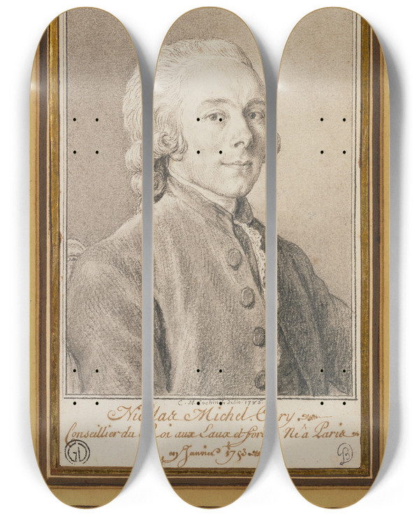Triptych art skateboard deck of Charles Nicolas Cochin Ii Portrait Of Nicolas Michel Cury by Charles Nicolas Cochin Ii (1715-1790)