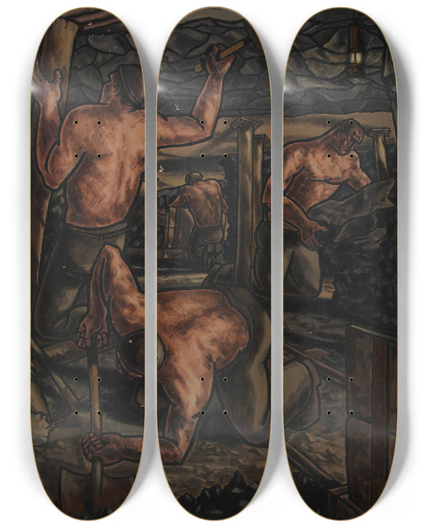 Triptych art skateboard deck of George Bissill Industrial Coal Mine Scene by George Bissill (1896-1973)