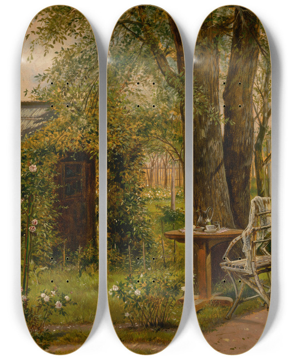 Triptych art skateboard deck of Eduard Majsch Garden With A Table by Eduard Majsch (1841-1904)