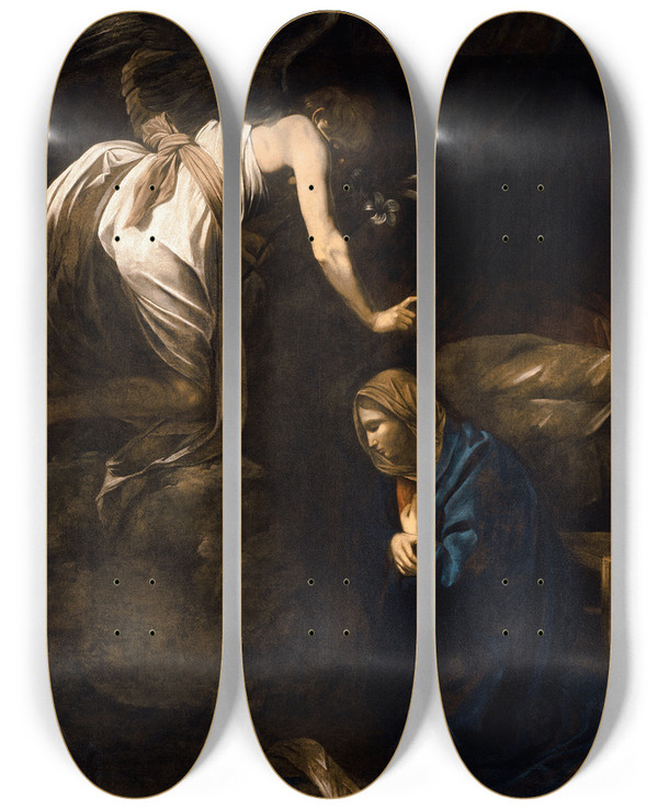 Triptych art skateboard deck of Caravaggio The Annunciation by Caravaggio (1571-1610)
