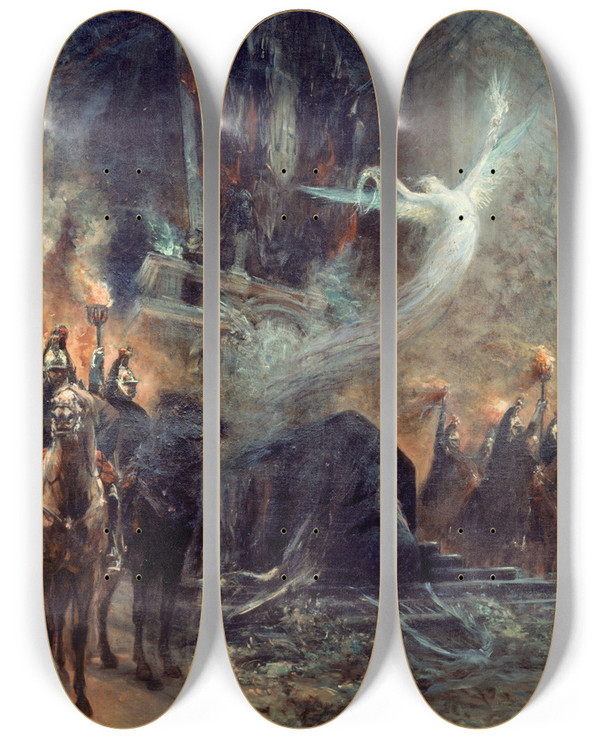 Triptych art skateboard deck of Georges Jules Victor Clairin Funrailles De Victor Hugo La Veille Sous Larc De Triomphe by Georges Jules Victor Clairin (1843-1919)