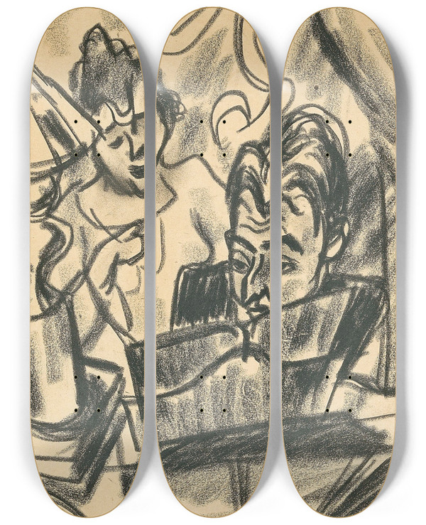 Triptych art skateboard deck of Rudolf Wacker Am Klavier by Rudolf Wacker (1893-1939)