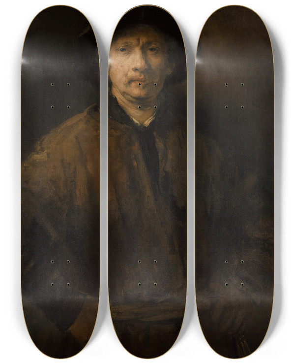 Triptych art skateboard deck of Rembrandt Van Rijn Large Selfportrait by Rembrandt Van Rijn (1606-1669)