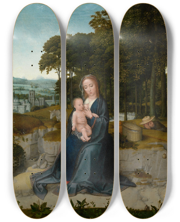 Triptych art skateboard deck of Gerard David The Rest On The Flight Into Egypt_3 by Gerard David (1460-1523)