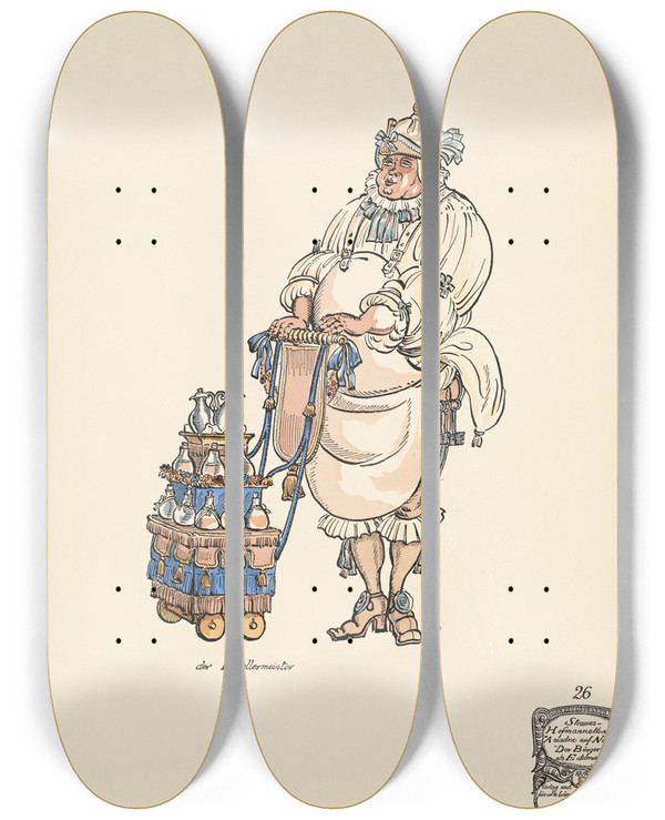 Triptych art skateboard deck of Ernst Stern Der Kellermeister by Ernst Stern (1876-1954)