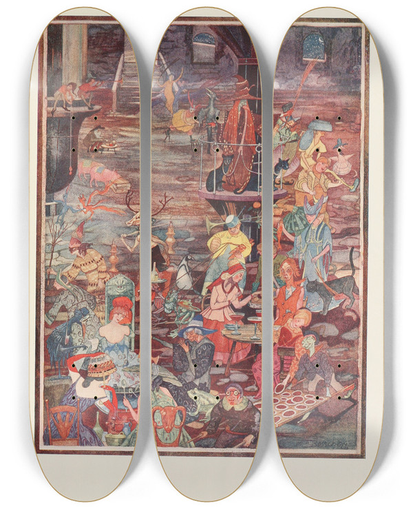Triptych art skateboard deck of Jean De Bosschre The Witches Cellar by Jean de Bosschre (1878-1953)