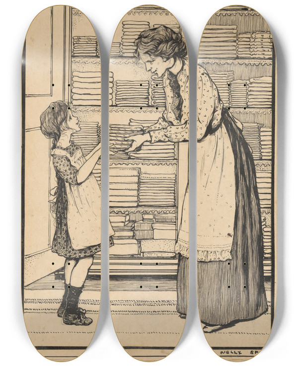 Triptych art skateboard deck of Nelly Spoor Vrouw Reikt Een Meisje Een Stapel Lakens Aan by Nelly Spoor (1885-1950)