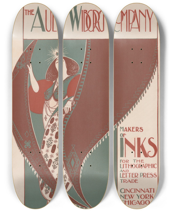 Triptych art skateboard deck of Will Bradley Ault And Wiborg Ad 138 by Will Bradley (1868-1962)