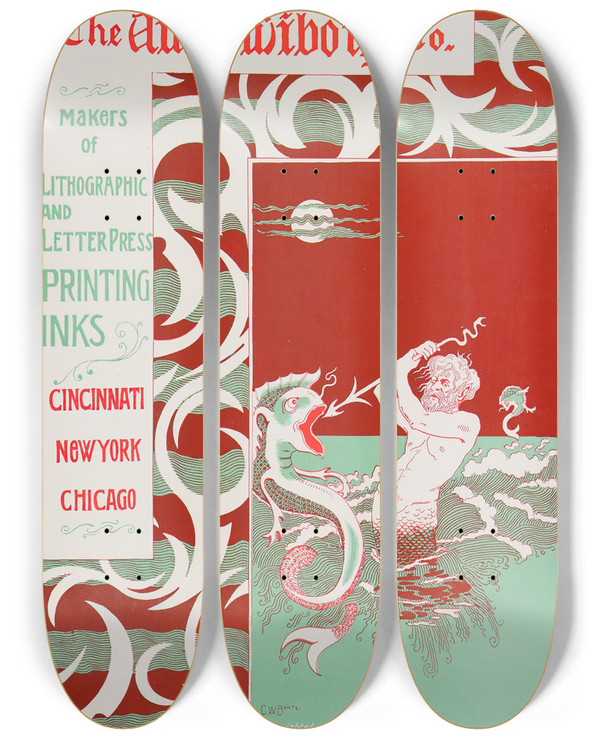 Triptych art skateboard deck of Will Bradley Ault And Wiborg Ad 113 by Will Bradley (1868-1962)