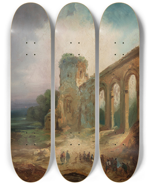 Triptych art skateboard deck of Eugenio Lucas Velzquez Ruins by Eugenio Lucas Velazquez (1817-1870)